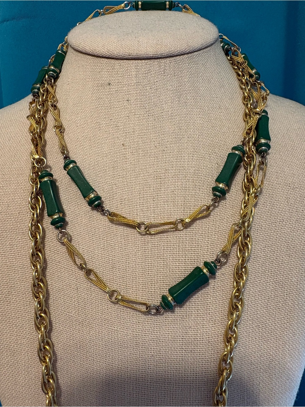 Les Bernard 2 vintage necklaces gold tone 27” & 36”’keys dangle green dainty